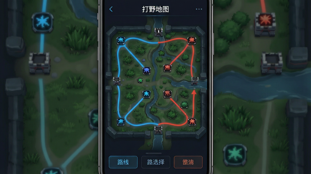 一张展示“打野地图”手机应用界面的图片,画面中央是深色主题的野区俯视地图,地图上用蓝色与红色线条清晰标注了多条打野路线,路径上带有小图标表示野怪营地,界面顶部有“打野地图”文字,底部排列着路线选择按钮,整体布局为竖屏手机界面,风格简洁科技感,细节包含草丛、河道与防御塔图标,画质清晰,干净,无多余元素。