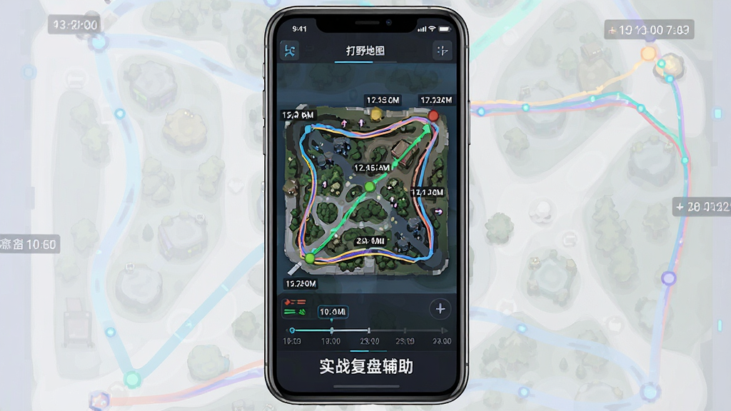 一张“打野地图”实战复盘界面图,画面为手机屏幕竖屏布局,屏幕中显示一张野区地图,地图上有多条彩色线条代表不同时间段的移动轨迹,线条旁标注了时间点,屏幕底部有“实战复盘辅助”文字,风格为数据可视化风,细节包含时间轴与路线对比,画质清晰,干净,无多余元素。