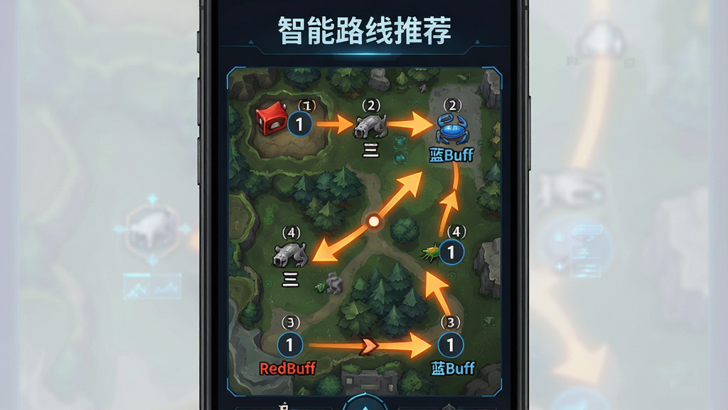 一张“打野地图”软件功能展示图,画面以深色手机屏幕为背景,屏幕中央是一条用橙色发光箭头标出的打野路线,箭头从红Buff营地出发依次经过三狼、蓝Buff、河蟹,每个节点旁标注了数字序号,屏幕上方有“智能路线推荐”字样,布局为竖屏界面,风格为科技游戏风,细节包含野区地形与营地图标,画质清晰,干净,无多余元素。