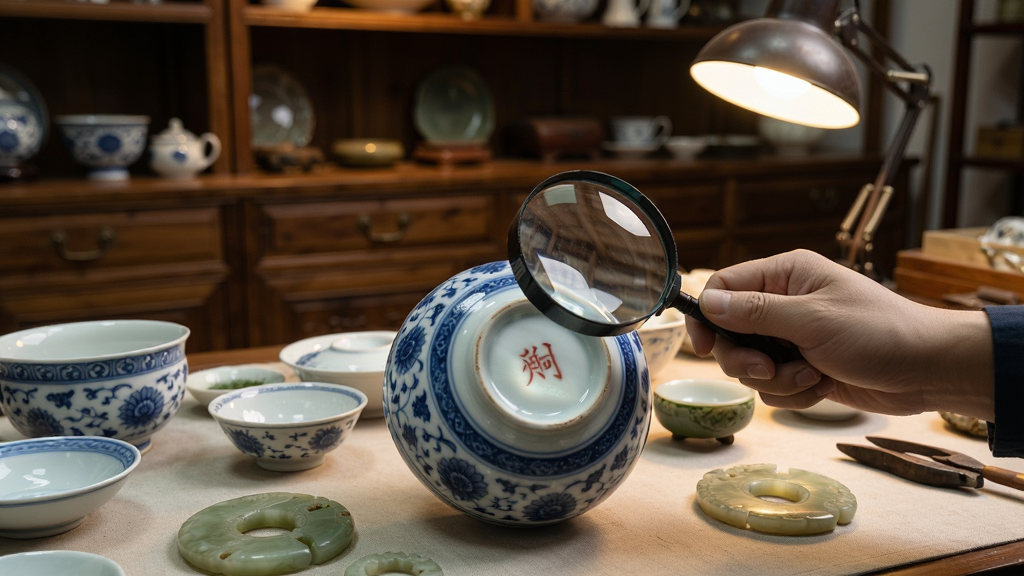 画面主体是一只手拿着放大镜正在仔细端详一件青花瓷碗的底部款识,旁边桌面上散落着几件不同朝代的瓷器和玉器,背景是古玩店铺的木质柜台,柜台上有台灯发出暖光,风格为写实摄影风格,细节清晰,画质高清,干净整洁,无多余元素,画面中不出现任何文字