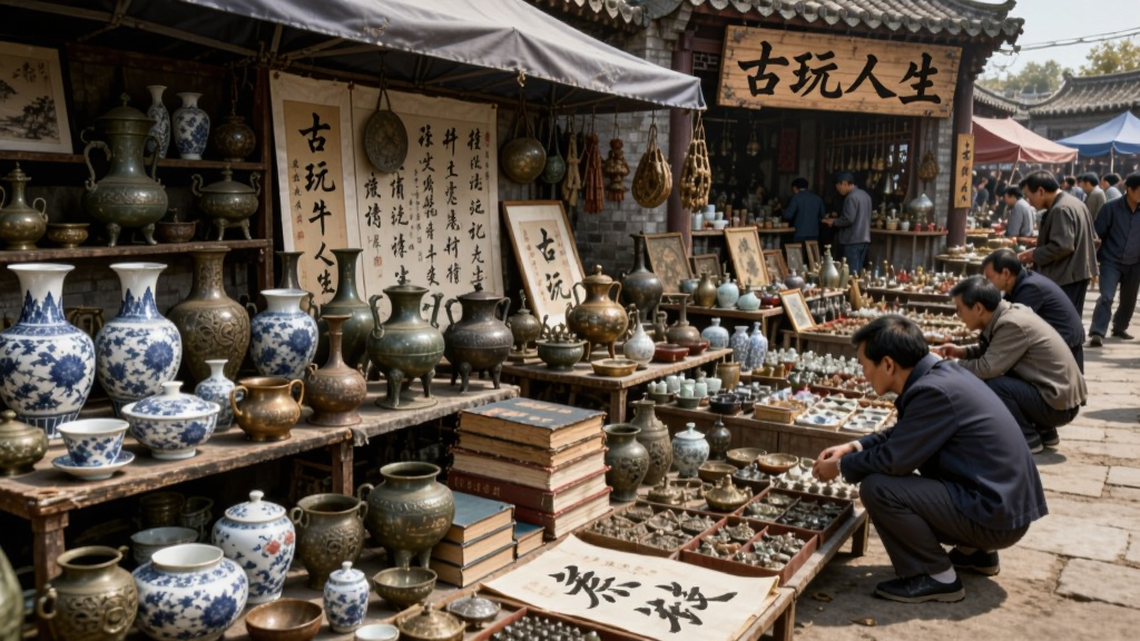 画面描绘了一个热闹的古玩地摊市场,多个摊位依次排开,摊位上摆满了各种瓷器、铜器、旧书、字画等物品,几位买家正蹲在摊前挑选商品,远处有一块写着