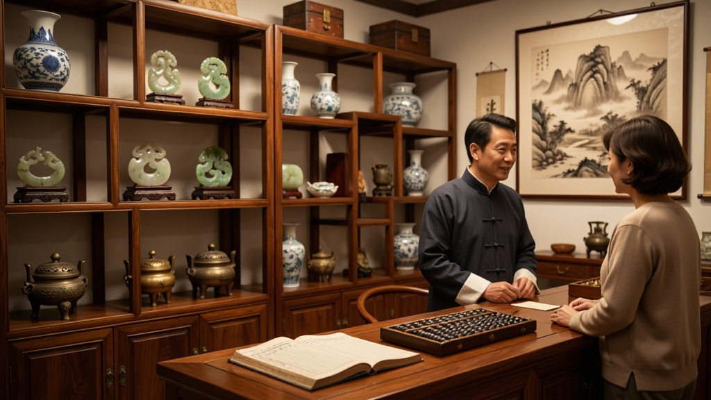 画面展示了一间装修精致的古玩店铺内景,木质博古架上陈列着瓷器、玉雕、铜炉等古玩,一位身着中式服装的店主正站在柜台后与一位顾客交谈,柜台上放着一本账册和算盘,墙上挂着一幅山水画,风格为中国传统商业写实风格,暖色调灯光,画质高清,细节丰富,干净整洁,无多余元素