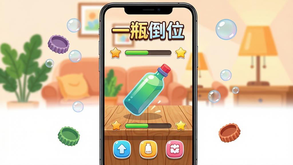 一瓶倒位软件主界面与倒瓶玩法全貌展示,主体为一部竖屏安卓手机,屏幕中央显示色彩鲜艳的卡通瓶子在木质桌面上倾斜即将倒下的瞬间,周围环绕着关卡进度条与得分星星,背景是温馨的室内场景,包含沙发、绿植与暖色台灯,布局为手机居中、四周留白并点缀漂浮的瓶盖与气泡,排版采用上下分层结构、上方为软件名称“一瓶倒位”艺术字,下方为操作按钮图标,风格为清新休闲的扁平化插画,细节包含瓶子高光反光、桌面木纹纹理、按钮微投影,画质为4K高清、干净无多余元素、色彩明亮通透