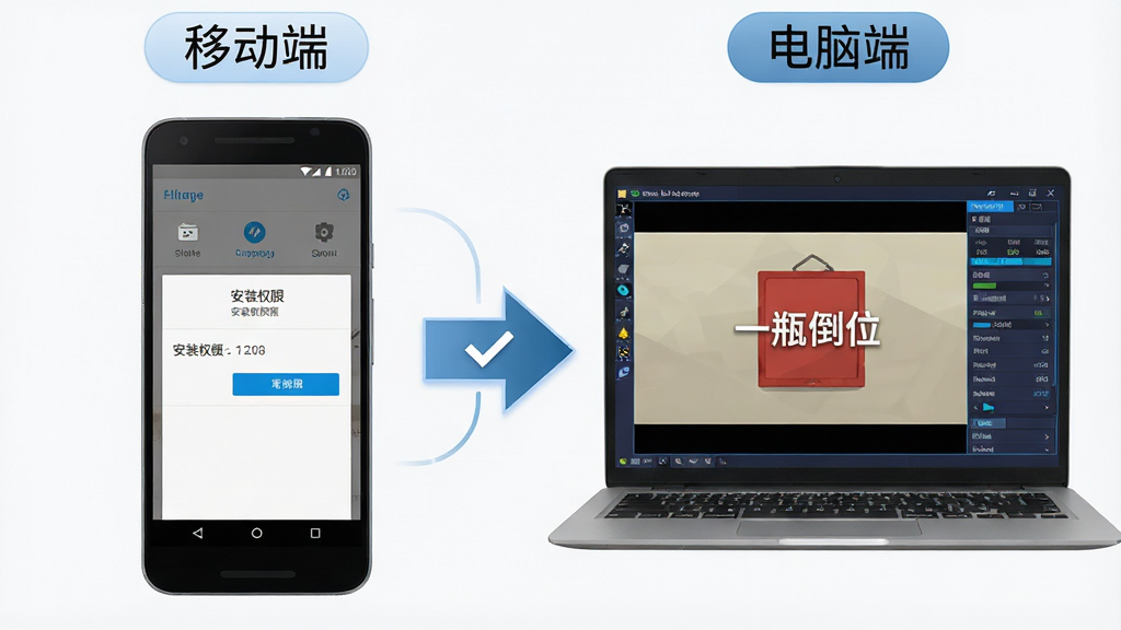一瓶倒位新手安装与运行优化示意,主体为一部安卓手机与一台笔记本电脑并排展示,手机屏幕显示安装权限设置界面、电脑屏幕显示模拟器运行一瓶倒位画面,布局为左右对比、中间用箭头连接,排版采用教程步骤图风格、上方有“移动端”与“电脑端”标签,风格为简洁科技感,细节包含手机设置菜单图标、模拟器性能参数面板、箭头上的对勾标记,画质为高清、干净无多余元素、信息清晰