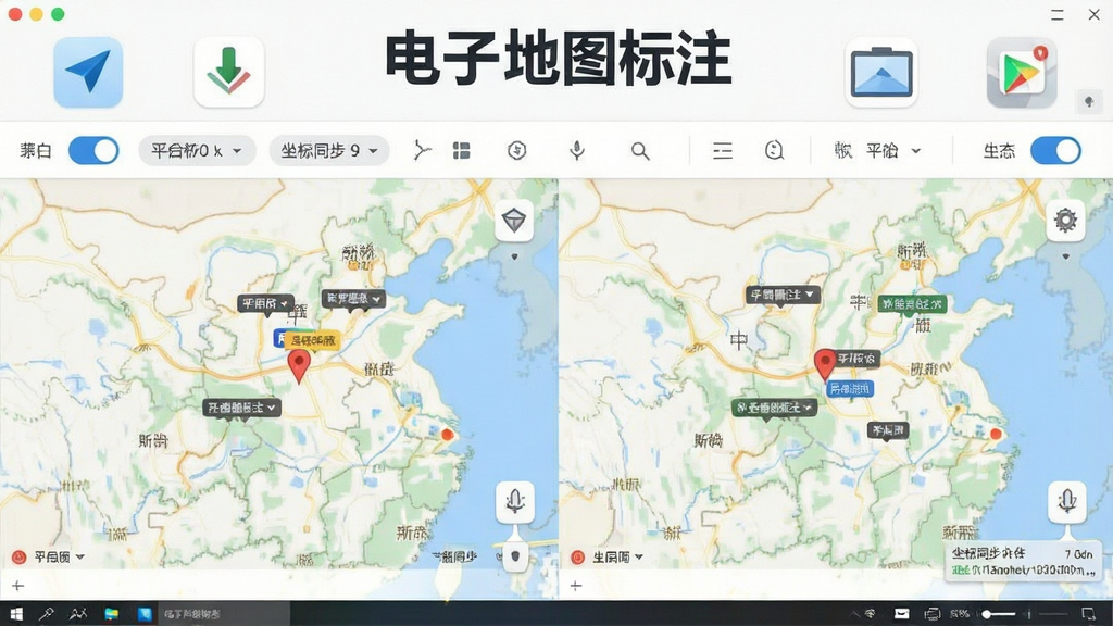一张展示电子地图标注软件多平台兼容功能的图片,画面中软件界面同时显示多个地图平台图标,地图区域展示同一地点在不同地图源下的标注对比,界面风格简洁商务,布局为上方工具栏、中部地图区、下方状态栏,细节包括平台切换按钮、坐标同步提示,画质清晰,干净无多余元素,图中文字包含“电子地图标注”
