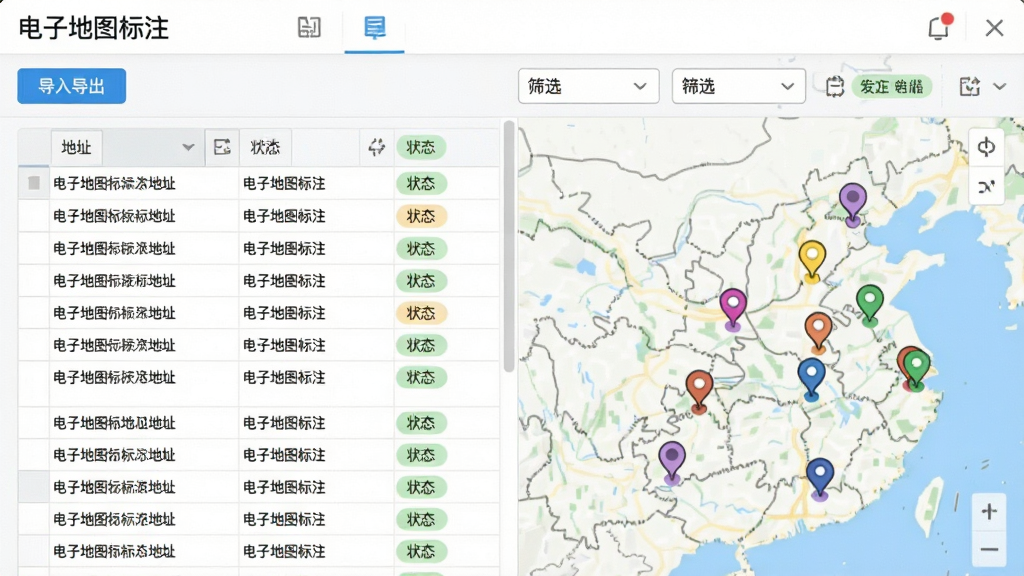 一张展示电子地图标注软件批量管理功能的图片,画面中软件界面呈现表格与地图并列布局,表格内有多行地址数据,地图上对应显示多个标注点,界面风格清爽浅色,细节包括导入导出按钮、筛选下拉框、状态标签,画质清晰,干净无多余元素,图中文字包含“电子地图标注”