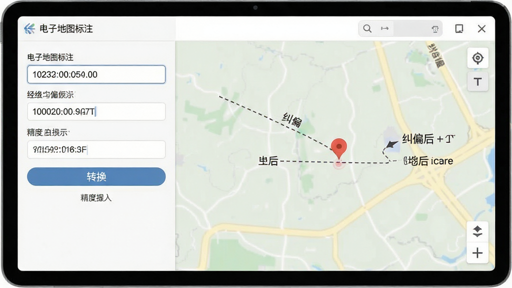 一张展示电子地图标注软件坐标纠偏功能的图片,画面中软件界面显示经纬度输入框与地图标记点,标记点旁有纠偏前后的位置对比虚线,界面风格素雅极简,布局为左侧参数面板、右侧地图预览,细节包括坐标数值、转换按钮、精度提示,画质清晰,干净无多余元素,图中文字包含“电子地图标注”