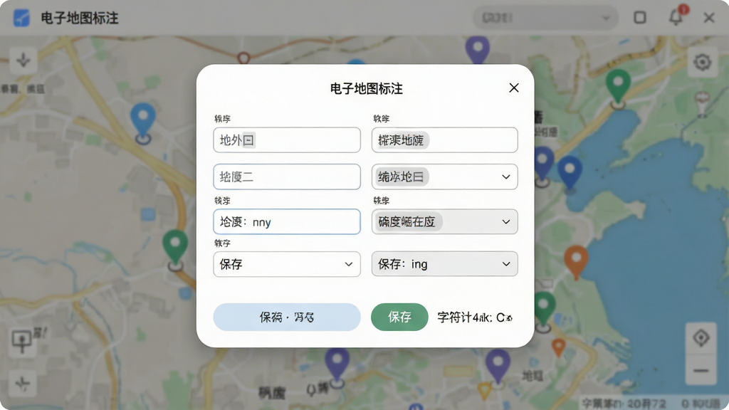 一张展示电子地图标注软件信息编辑功能的图片,画面中软件界面弹出编辑窗口,窗口内包含多个输入框与下拉选项,背景为地图标注点,界面风格柔和圆角,布局为居中弹窗、底部按钮,细节包括字段标签、保存按钮、字符计数,画质清晰,干净无多余元素,图中文字包含“电子地图标注”