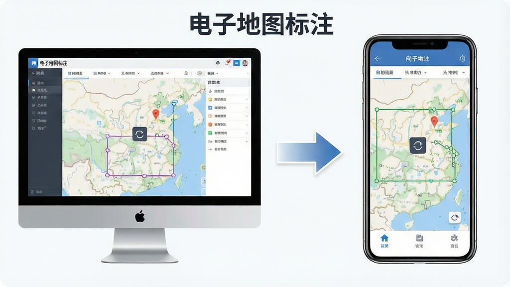 一张展示电子地图标注软件在电脑与手机双端使用的图片,画面左侧为电脑屏幕显示地图标注界面,右侧为手机屏幕显示相同标注内容,中间有同步箭头连接,布局为左右对比、中间连接,风格为清爽素雅,细节包括设备边框、界面元素、同步图标,画质清晰,干净无多余元素,图中文字包含“电子地图标注”