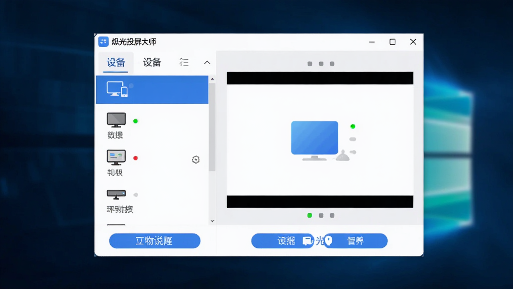 桌面软件界面展示,画面中央是烁光投屏大师的主窗口,左侧显示设备列表,右侧为投屏预览区域,整体布局简洁清晰,蓝白配色,风格现代科技感,细节包括设备图标、连接状态指示灯、功能按钮,画质高清,干净无多余元素