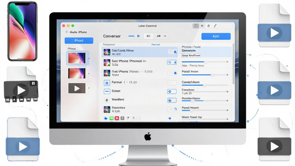 一张展示极速iphone视频格式转换器软件界面的图片,主体为电脑屏幕上的软件窗口,窗口内显示视频转换列表和进度条,布局为软件界面居中,周围环绕iPhone手机和视频文件图标,排版整洁,风格为现代科技感,细节包括蓝色高亮按钮和清晰的格式选项,画质清晰,干净,无多余元素。