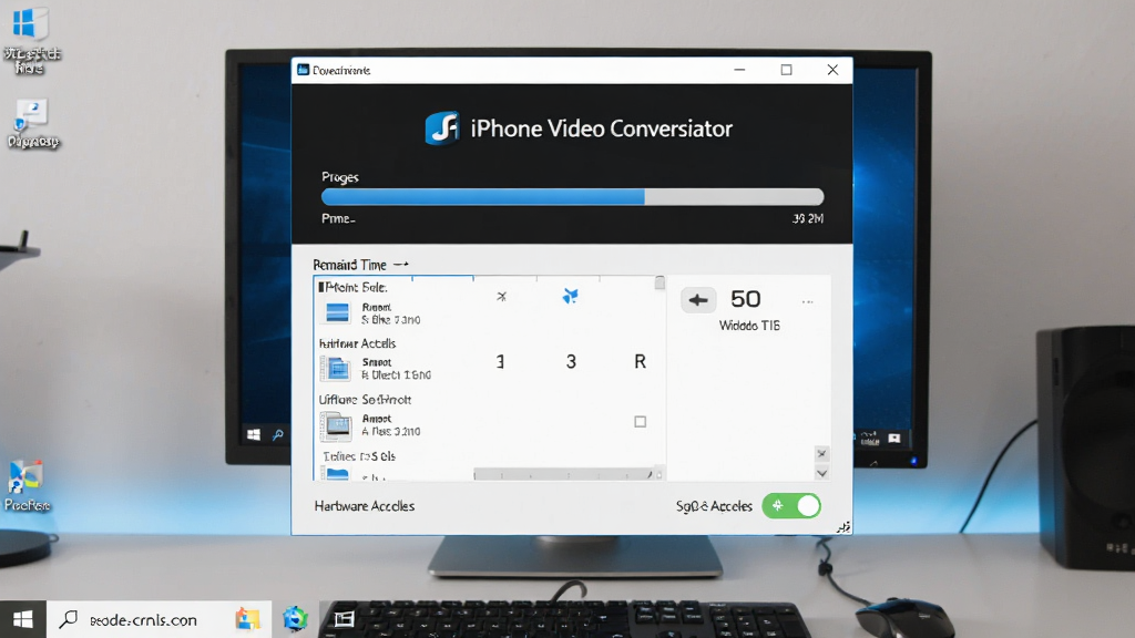 一张展示极速iphone视频格式转换器在Windows电脑上运行并显示转换进度的图片,主体为电脑桌面上的软件窗口,布局为窗口居中,排版清晰,风格为写实科技风,细节包括进度条、剩余时间、文件列表和硬件加速开关,画质清晰,干净,无多余元素。