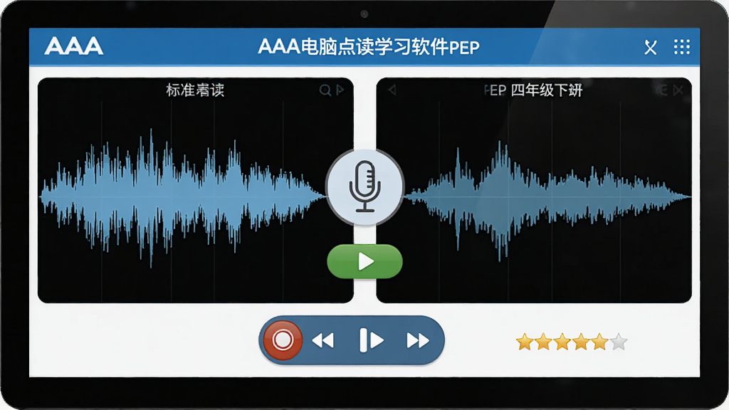 一张展示AAA电脑点读学习软件PEP四年级下册跟读对比功能的图片,画面中电脑屏幕分为左右两部分,左侧显示标准发音波形,右侧显示孩子跟读波形,中间有麦克风图标和对比按钮,布局对称清晰,风格为教学软件界面,细节包含录音按钮、播放控制、评分星级,画质干净清晰,无多余元素