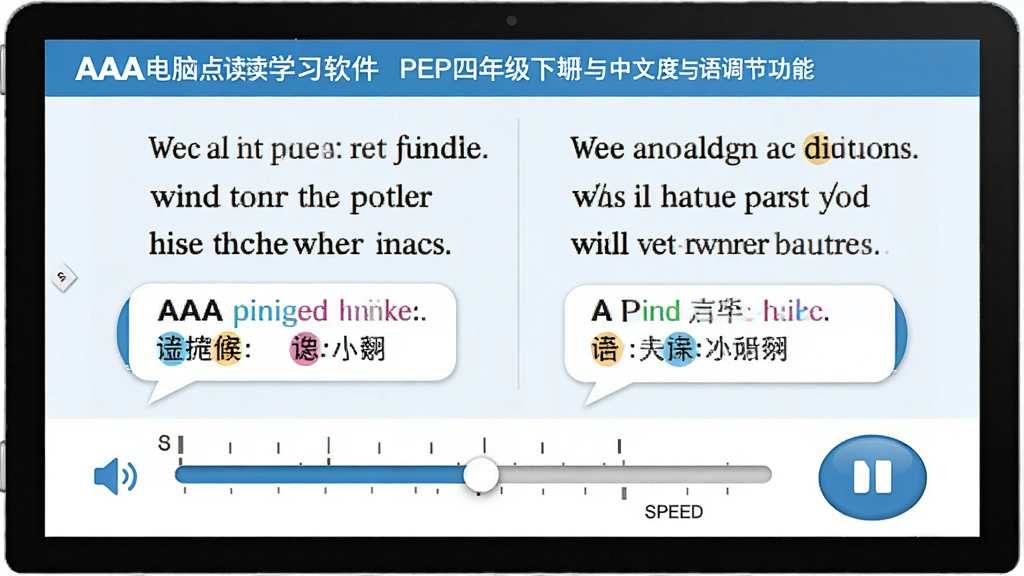 一张展示AAA电脑点读学习软件PEP四年级下册中文翻译与语速调节功能的图片,画面中电脑屏幕显示英语课文与中文翻译对照,下方有语速调节滑块和播放按钮,布局为上下结构,风格为学习工具界面,细节包含翻译气泡、速度刻度、喇叭图标,画质清晰干净,无多余元素
