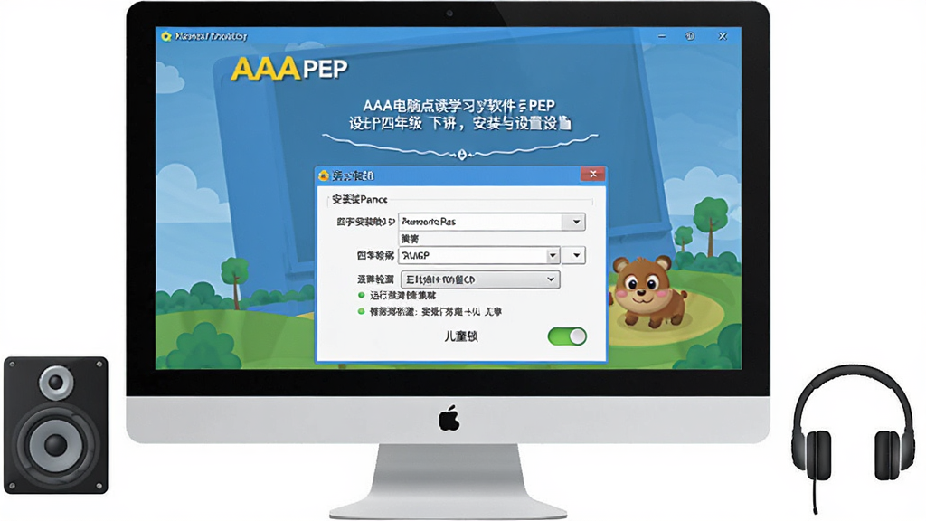 一张展示AAA电脑点读学习软件PEP四年级下册安装与设置界面的图片,画面中电脑屏幕显示安装向导和权限设置窗口,旁边有音箱和耳机图标,布局为上下步骤式,风格为软件安装界面,细节包含安装路径选择、运行库检测提示、儿童锁开关,画质清晰干净,无多余元素