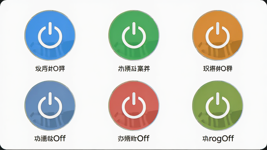 PowerOff软件功能面板展示多个电源模式图标,画面中央为六个圆形功能按钮呈两行三列排列,每个按钮下方标注对应文字,整体布局均衡,采用扁平化图标设计风格,细节包含蓝色、绿色、橙色等不同色彩区分,画质高清干净无多余元素