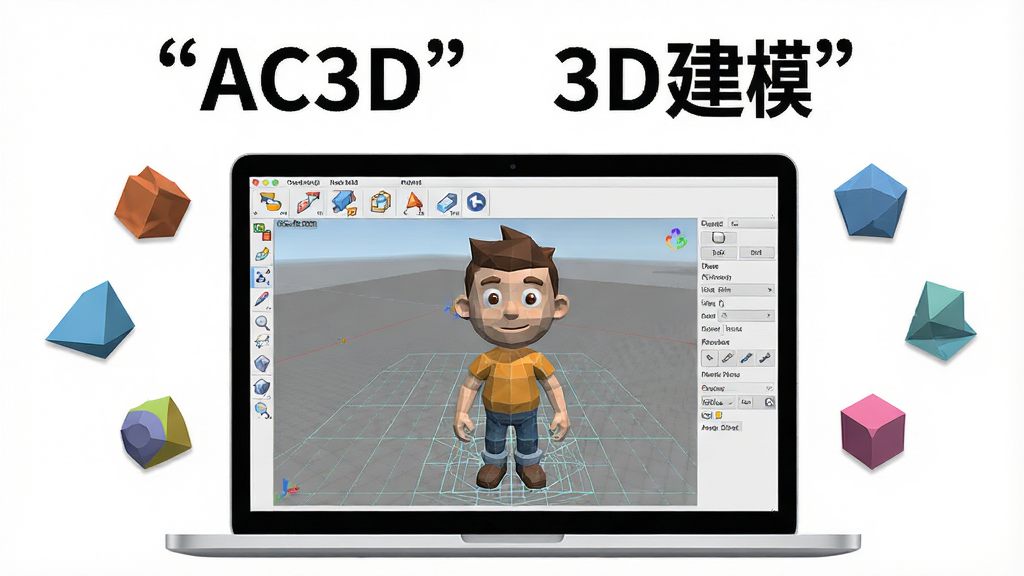 ��������չʾһ̨�򿪵ıʼǱ�������Ļ����Ļ����ʾAC3D��������ά��ģ���棬����һ�����ڱ༭�ĵͶ���ο�ͨ��ɫģ�ͺ������ߣ�����Ϊ���й�ͼ����Ļ��Χ�����ż�����������ά������ͼ�������ģ���ܣ��Ű��࣬�Ϸ����״������ű�ע���֡�AC3D���͡�3D��ģ�������Ϊ�ִ��Ƽ��б�ƽ�廭��ϸ�ڰ�����������������ͼ�л���ť��ģ���߿򣻻����������ɾ����޶���Ԫ��