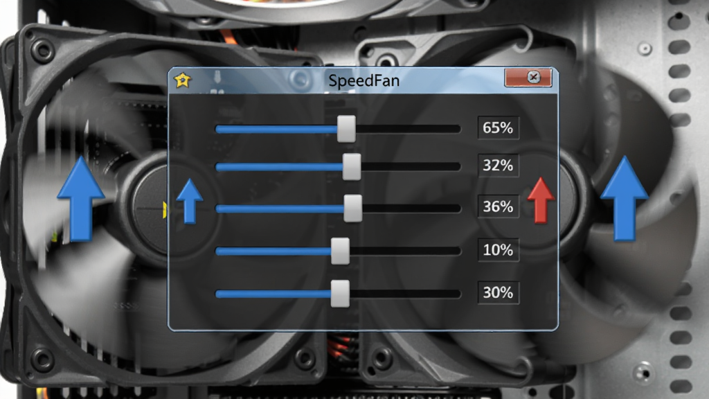 一张展示风扇转速调节滑块界面的图片,画面中央是一个带有“SpeedFan”标志的控制面板,面板上有多个滑块和百分比数字,背景是电脑机箱内部的风扇,风扇叶片带有动感模糊效果,周围有蓝色和红色的箭头表示转速升降,整体风格直观易懂,画质清晰,干净无多余元素