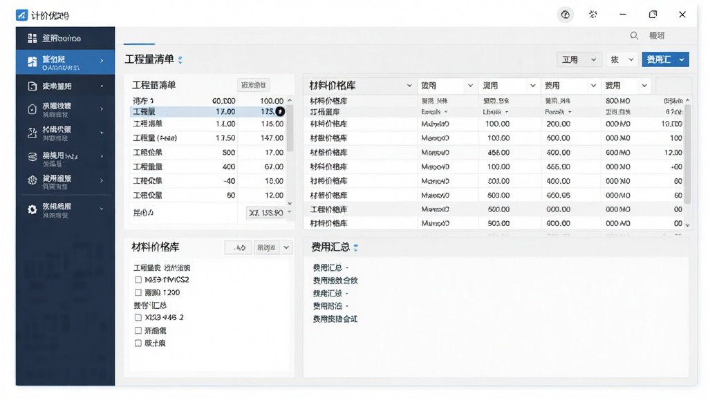 软件主界面全景展示,主体为计价优软件窗口,布局为左侧功能导航栏与右侧数据表格区域,排版清晰有序,风格为现代商务简约风,细节包括工程量清单、材料价格库、费用汇总面板等模块,画质为高清2K,画面干净整洁,无多余装饰元素