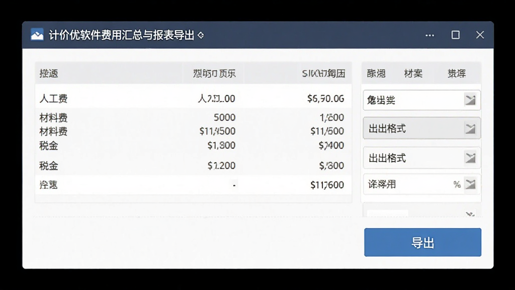 计价优软件费用汇总与报表导出界面,主体为软件窗口展示费用汇总表格与导出按钮,布局为上方汇总数据下方操作按钮,排版清晰,风格为简约商务风,细节包括人工费、材料费、税金等条目与导出格式选项,画质高清,画面干净整洁