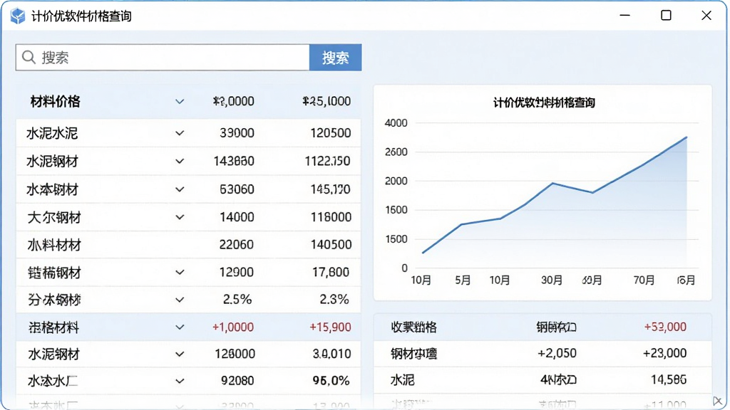 计价优软件材料价格查询界面,主体为软件窗口展示材料价格列表与走势图,布局为上方搜索栏与下方数据表格,排版整齐,风格为清爽浅色商务风,细节包括水泥、钢材等材料名称与价格数字,画质高清,画面干净无多余元素