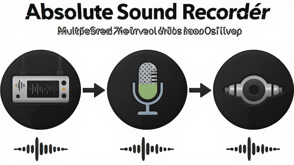 一张展示Absolute Sound Recorder多模式录音引擎的示意图,主体为三个并列的音频输入图标,布局为水平横向排列,排版对称整齐,风格为扁平化科技插画风,细节包含声卡图标、麦克风图标、线路输入图标以及连接箭头和波形符号,画质为高清,干净无多余元素