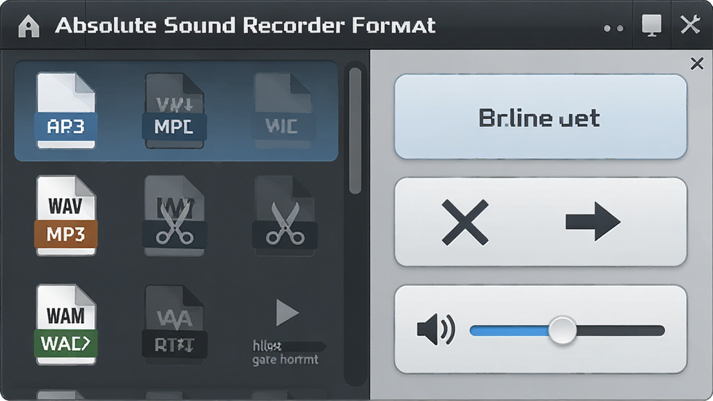 一张展示Absolute Sound Recorder格式转换与编辑功能的示意图,主体为文件格式图标与编辑工具栏,布局为左侧格式列表加右侧操作按钮的左右结构,排版清晰,风格为简约办公风,细节包含MP3、WAV、WMA等格式标签、剪刀图标、合并箭头、音量滑块,画质为高清,干净无多余元素