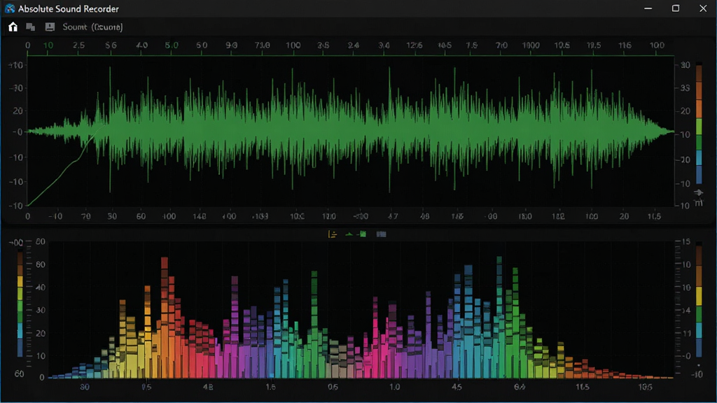 一张展示Absolute Sound Recorder音频可视化效果的图片,主体为软件界面中的波形图与频谱分析区域,布局为上下两层结构,排版紧凑,风格为深色主题科技风,细节包含跳动的绿色声波曲线、彩色频谱柱状图、音量刻度标尺,画质为高清,干净无多余元素