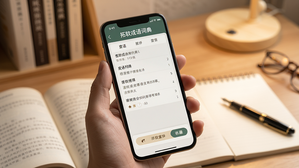 一张展示拓软成语词典在手机上正常运行的图片,画面是一只手拿着手机,手机屏幕上显示成语词典的查询结果页面,背景是温馨的书桌场景,有书本和文具,风格生活化,画质高清,细节包括成语释义文字和收藏按钮,干净无多余元素。