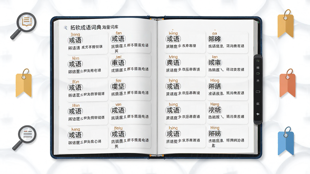 一张展示拓软成语词典海量词库功能的图片,画面主体是一本打开的电子词典,页面上整齐排列着多条成语词条,每条词条配有拼音和释义,周围散落着放大镜、书签等小图标,风格清新学术,画质高清,干净无多余元素。