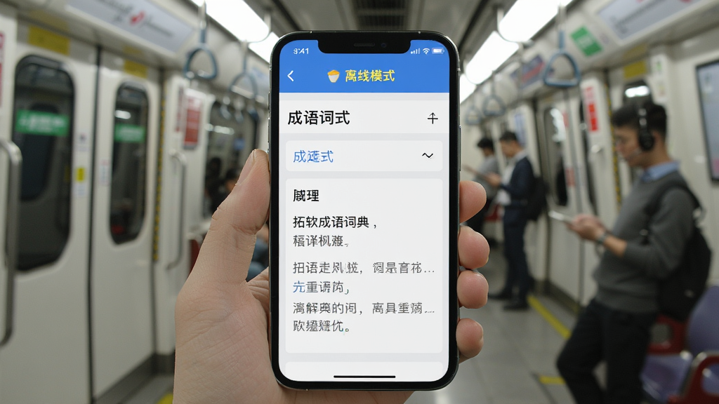 一张展示拓软成语词典离线查询功能的图片,画面是一台手机屏幕显示成语查询界面,屏幕上方有离线模式标识,背景为地铁或户外场景,风格生活化,画质高清,细节包括信号图标和成语释义内容,干净无多余元素。