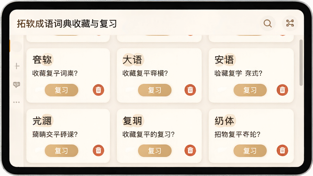 一张展示拓软成语词典收藏与复习功能的图片,画面中是一个收藏夹界面,里面排列着多条已收藏的成语卡片,每张卡片有成语名称和简短释义,旁边有复习按钮和删除图标,风格温馨舒适,画质高清干净。