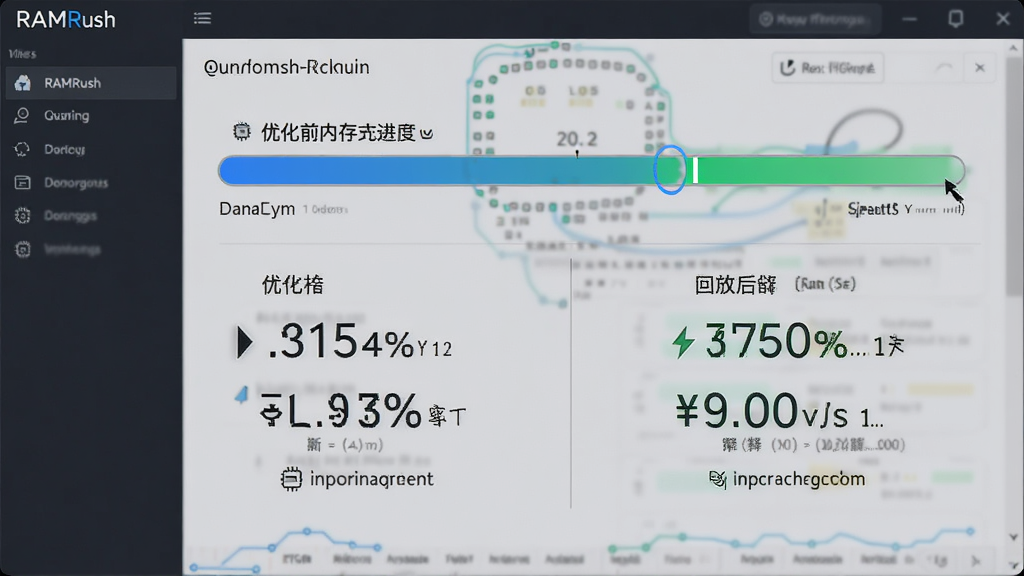 RAMRush 智能内存回收功能示意图,主体为软件界面中的内存优化进度条与回收前后对比数字,布局左右分栏,左侧为优化前内存占用,右侧为优化后释放结果,排版简洁,风格为数据可视化科技风,细节包括蓝色与绿色进度条、百分比数字,画质高清,干净,无多余元素