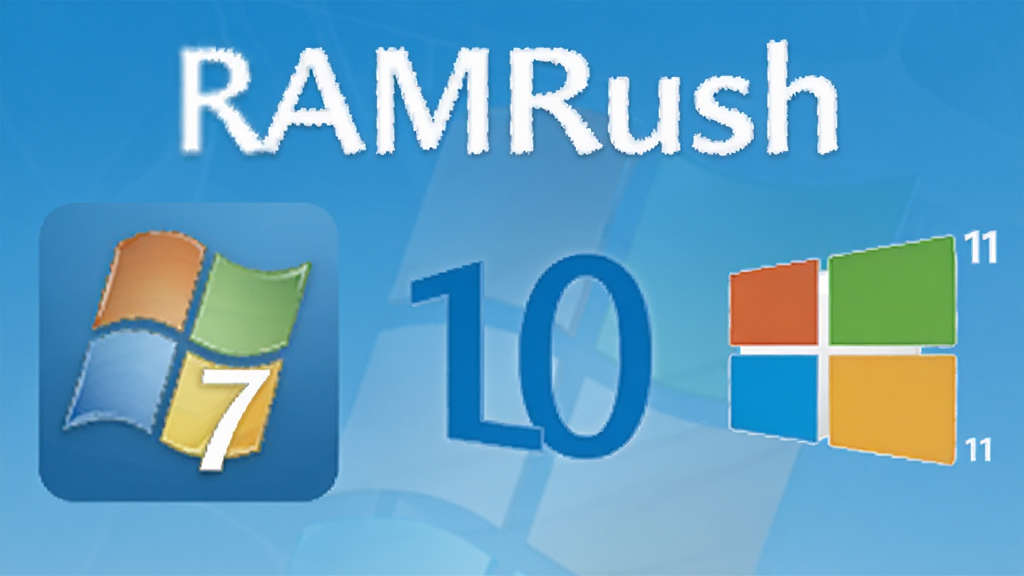 RAMRush 兼容多版本 Windows 系统示意图,主体为软件图标与 Windows 7、10、11 标志并排展示,布局横向排列,排版居中,风格为简洁商务风,细节包括软件名称文字、系统标志、蓝色背景,画质高清,干净,无多余元素