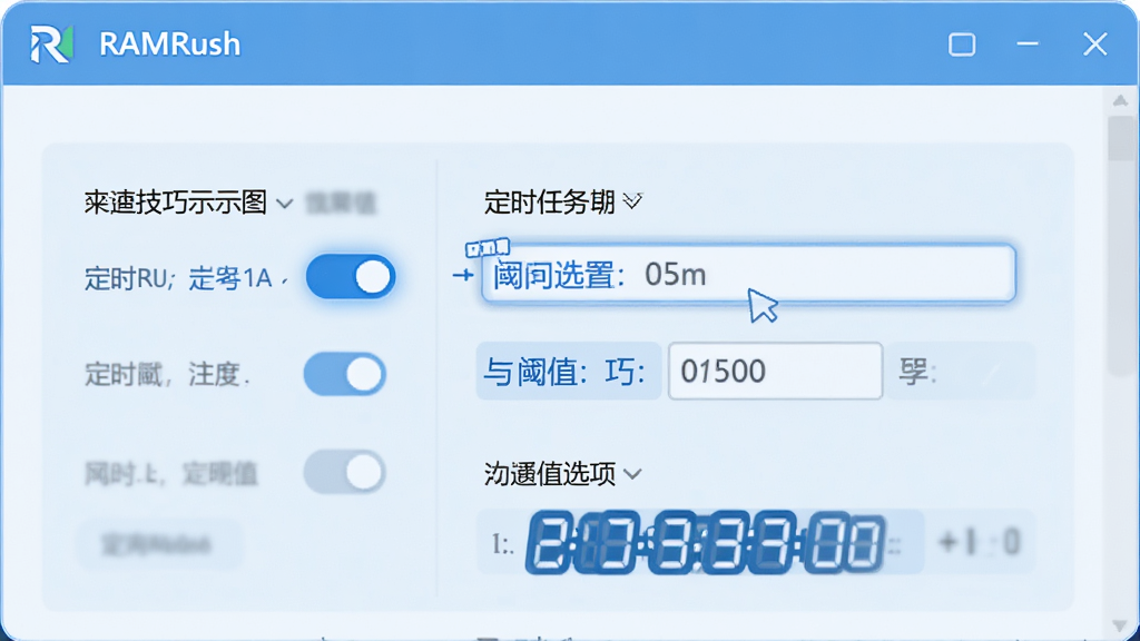 RAMRush 使用技巧示意图,主体为软件设置界面中的定时任务与阈值选项,布局为窗口局部截图,排版突出选项开关与时间输入框,风格为清新浅色 UI 风,细节包括中文界面文字、蓝色开关按钮、时间数字,画质高清,干净,无多余元素