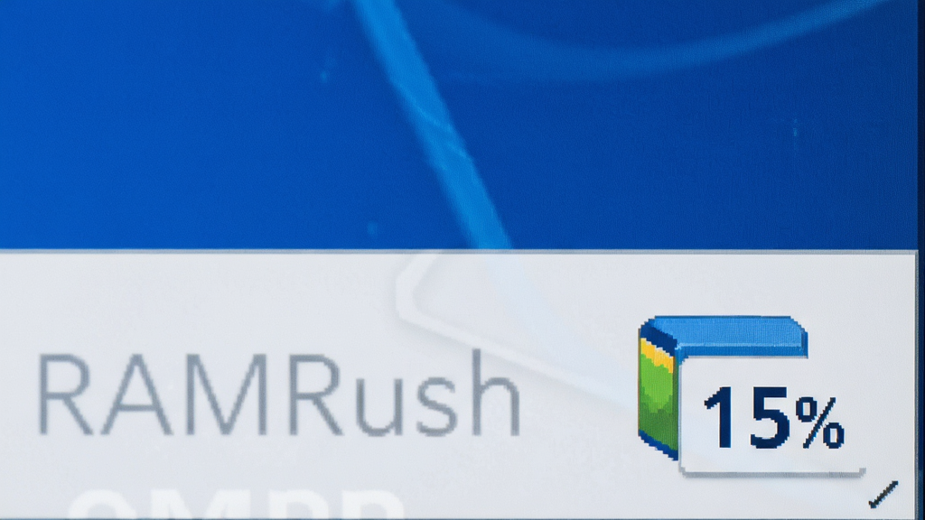 RAMRush 系统托盘实时监控小图标特写,主体为任务栏右下角显示内存百分比的小图标,布局为屏幕右下角局部放大,排版突出图标与数字,风格为写实桌面截图风,细节包括蓝色小图标、百分比数字、任务栏背景,画质高清,干净,无多余元素