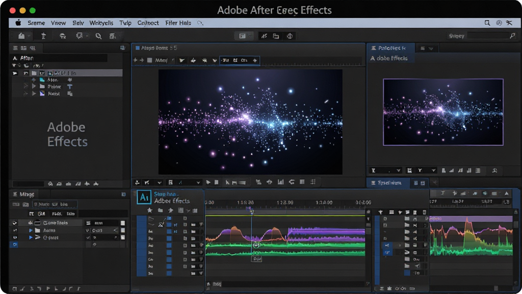 һ��չ��Adobe After Effects��������ĸ���ͼƬ������Ϊ������Ļ�ϴ򿪵�After Effects�����������ְ��������˵����������Ŀ�����Ч���ؼ����Ҳ�ʱ������ϳ�Ԥ�����ڣ���������չʾһ�����ڱ༭�����ӹ�Ч���������Ϊ�ִ��Ƽ�����רҵ��Ƹн�ϣ�ϸ�ڰ���ͼ�������ؼ�֡��ǡ���ɫ����ͼ������ɫ�������������Ϊ�������������ɾ��������д��С�Adobe After Effects�����ֱ�ʶ���޶�������Ԫ��