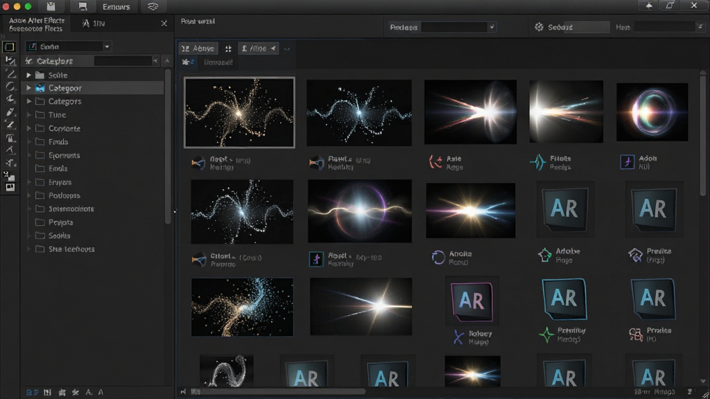 һ��չʾAdobe After Effects��Ч������Ĵ���ͼƬ������Ϊ����Ч����Ԥ����������棬���������Ϊ�����б����Ҳ�Ϊ����ͼԤ�������Ű��������򣬷��Ϊ��ɫרҵUI���ϸ�ڰ���������Ч����ͼ����ЧԤ�������ͼ�꣬���������ɾ��������д��С�Adobe After Effects�����֣��޶�������Ԫ��