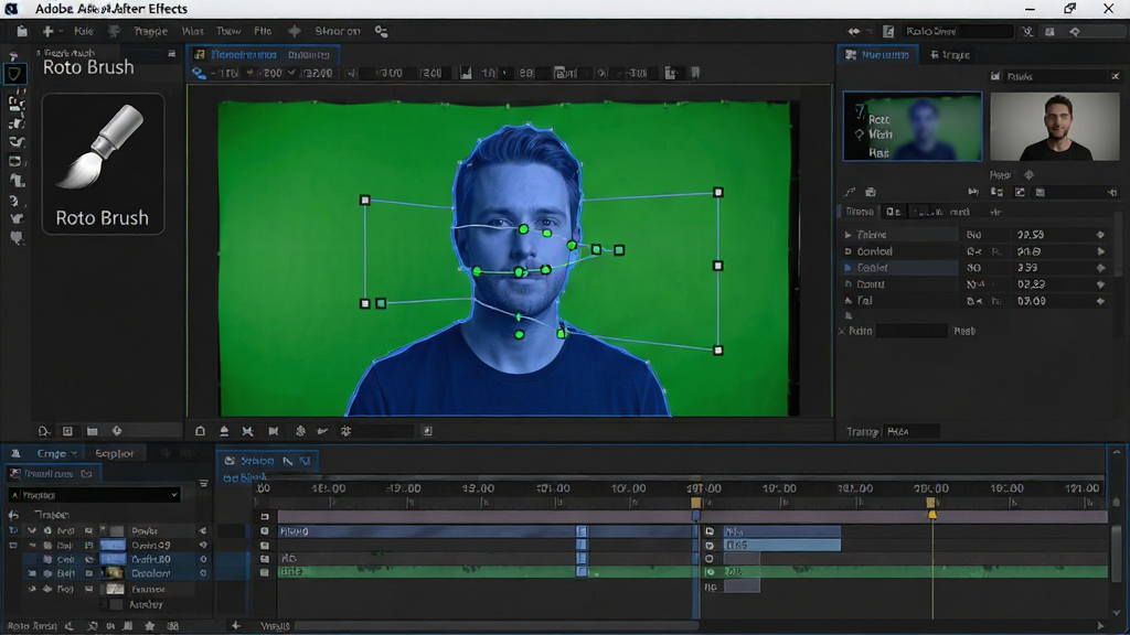 һ��չʾAdobe After Effects��������ٹ��ܵ�ʾ��ͼ������Ϊ�����ϳɴ����еĻ��棬��������ʾ����ǰ������ɫ�ɰ�ѡ�У�����Ϊ��Ļ���Ű�ͻ�����ٵ���·���ߣ����Ϊרҵ��������������ϸ�ڰ���Roto Brush��ˢͼ�ꡢ����������ݡ�ʱ�����ϵ��ɰ�ؼ�֡�����ʸ���ɾ��������д��С�Adobe After Effects�����֣��޶���Ԫ��