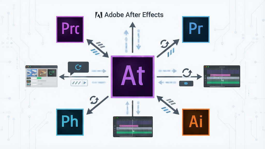 һ��չʾAdobe After Effects��̬����Э�����̵Ĵ���ͼƬ������Ϊ���Adobe����ͼ��������ʾ��ͼ������������ΪAfter Effectsͼ�꣬���ܻ���Premiere Pro��Photoshop��Illustratorͼ�꣬�Ű�ʷ���״�����Ϊ��ƽ���Ƽ��磬ϸ�ڰ�����������ͷ��ͬ��ͼ�ꡢʱ��������ͼ�����������ɾ��������д��С�Adobe After Effects�����֣��޶�������Ԫ��