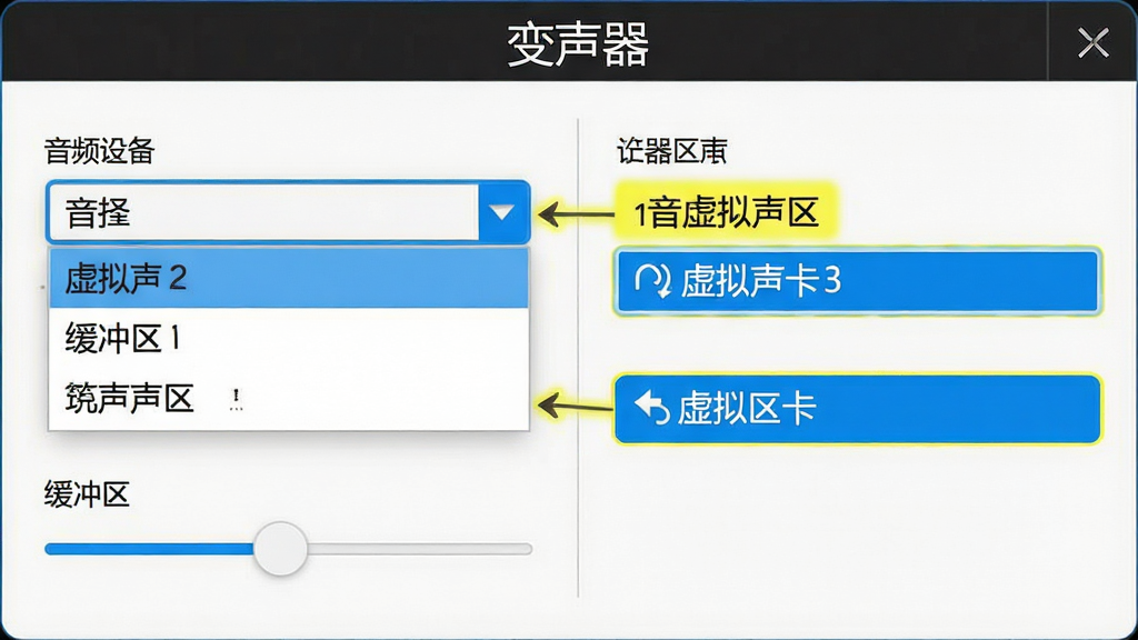 变声器新手设置界面截图,画面中显示音频设备选择下拉菜单与缓冲区滑块,界面标注“变声器”,布局为左右分栏结构,风格为简洁教程风格,细节包含高亮标注的虚拟声卡选项,画质高清,画面干净,无多余元素