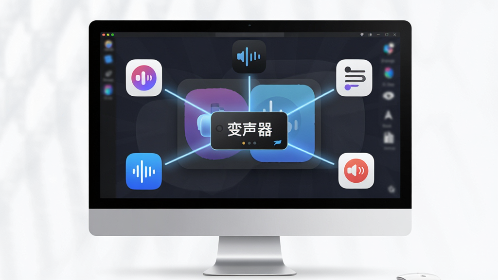 变声器与主流语音平台兼容展示,画面中电脑屏幕同时打开多个语音软件图标,变声器位于中央并通过线条连接各个图标,界面标注“变声器”,布局为放射状连接结构,风格为简约商务,细节包含软件Logo与连接光线,画质高清,画面干净,无多余元素