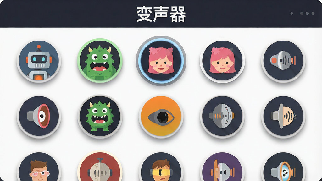 变声器音效库界面展示,画面中排列着多个圆形音色图标,每个图标代表不同声音角色,如机器人、怪兽、萝莉等,界面顶部标注“变声器”,布局为网格状排列,风格为扁平化设计,细节包含图标阴影与选中高亮,画质高清,画面干净,无多余元素