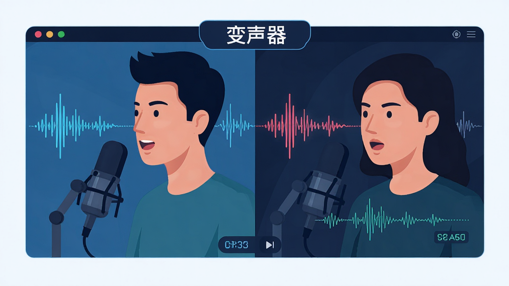 变声器实时变声功能展示,画面中一个人对着麦克风说话,声音波形经过软件处理后变成另一种音色输出,界面显示“变声器”标识,布局为左右对比结构,风格为科技感插画,细节包含声波线条与延迟数值,画质高清,画面干净,无多余元素