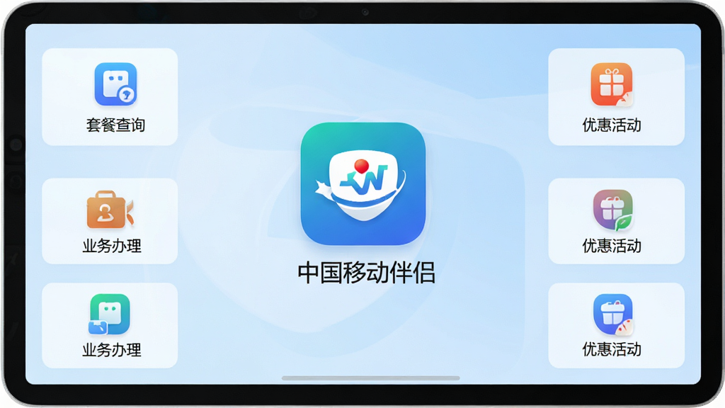 软件主界面截图,画面中央展示“中国移动伴侣”应用图标与名称,背景为淡蓝色渐变,主体区域排列着套餐查询、业务办理、优惠活动等图标按钮,布局整齐有序,风格简洁现代,细节清晰,画质高清,干净无多余元素