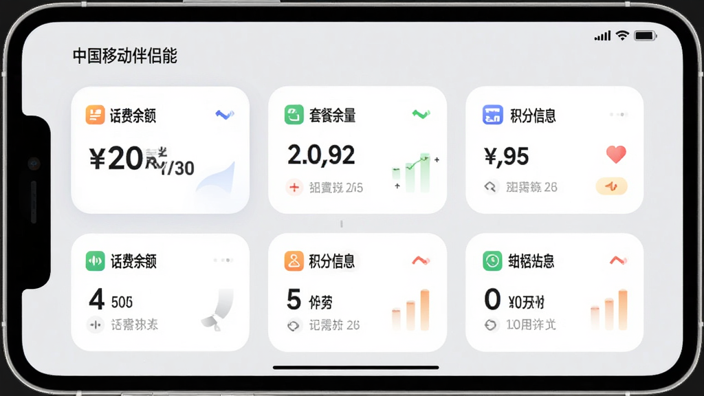 中国移动伴侣功能界面预览图,画面中展示多张信息卡片,分别标注“话费余额”“套餐余量”“积分信息”等字样,卡片采用柔和圆角设计,背景为浅灰色,整体风格清新素雅,细节丰富,画质清晰,干净无多余元素