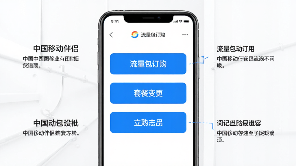 中国移动伴侣业务办理页面示意图,画面中央展示手机屏幕,屏幕上显示“流量包订购”“套餐变更”等选项按钮,按钮采用蓝色高亮设计,周围环绕简洁的说明文字,布局清晰,风格商务简约,画质高清,干净无多余元素