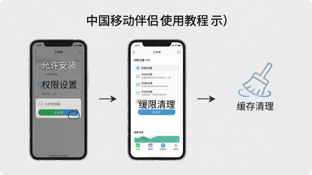 中国移动伴侣使用教程示意图,画面展示手机屏幕操作步骤,包含“允许安装”“权限设置”“缓存清理”等文字标注,步骤之间用箭头连接,背景为浅灰色,风格素雅极简,排版清晰,画质高清,干净无多余元素