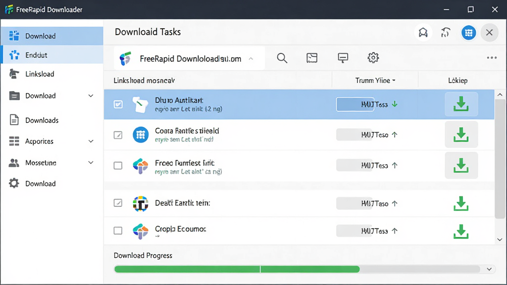 ����������ȫ��չʾ������Ϊ FreeRapid Downloader ���򴰿ڣ����־�����ʾ���������б�����๦�ܵ������Ű�����չʾ���ӽ������������ؽ����������Ϊ�ִ���Լ�Ƽ��磬ϸ�ڰ����������ͼ������ɫ���ؼ�ͷ�����ʸ��壬�ɾ����޶���Ԫ��