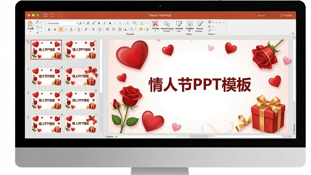 情人节PPT模板功能展示图,画面中显示电脑屏幕打开PPT软件界面,左侧是模板缩略图列表,右侧是正在编辑的情人节主题幻灯片,幻灯片上有